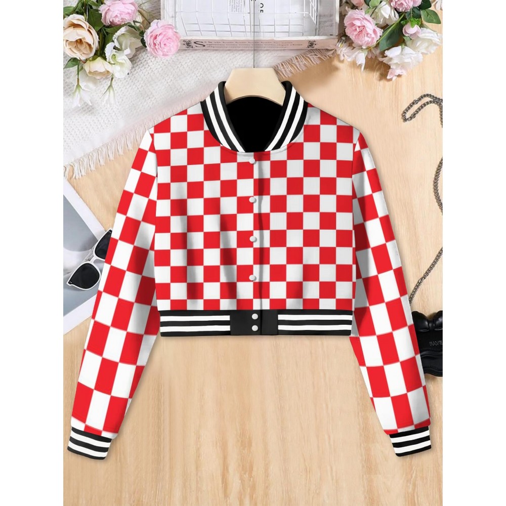 Women's & Unisex Retro Red White Checkered Baseball Jacket - Oversized Long Sleeve Gingham Top, Casual Streetwear Party Festival Outfit, Autumn Winter Warmth, Large Size Comfort Fit, Easy Care Hand Wash/Dry Clean (No Belt/Hardware), Seasonal Fashion, Vintage Aesthetic, Comfortable Fabric, Checkered Top, Fashion Enthusiasts