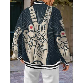 Women'S Plus Size Retro 70s Hippie Style Jacket - Faith Love Joy Unity & Peace Signs 3D Print, Machine Washable Winter Warm Coat with Stand Collar