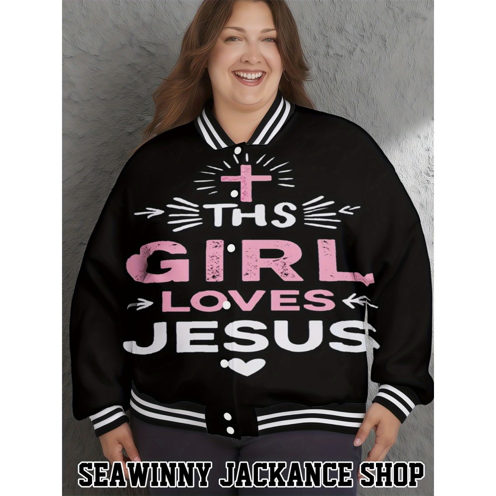 Plus Size Women'S & Men'S Christian Faith Bomber Jacket - This Loves & Hearts Design, with Pink Lettering, Long Sleeve Single-Button Closure, Warm Casual Outerwear for Church Events, Halloween, Themed Parties & Casual Attire - Autumn/Winter Co