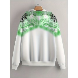 Women's 3D All-Over Floral Full-Zip Hooded Jacket - Green & Black Botanical Print Winter Coat, H-Line Silhouette Long Sleeve Zip-Up Hoodie, Machine Washable Outerwear for Fall & Winter Layering (Casual to Dressy)