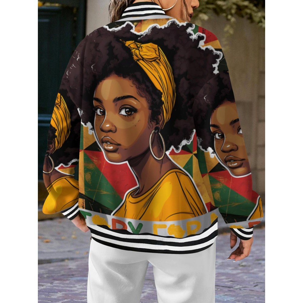 Plus Size Women's African American Pride Melanin Queen Afro Hair & Black History Month Jacket - Varsity Hoodie with Varsity Lettering, Single-Button Closure, Long Sleeve Casual Coat for Fall/Winter, Cultural Celebration Outerwear