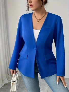 Plus Size - Plus Size, - Plus Size, Women'S Elegant Blue Blazer - Structured Lapel Collar, Non-See-Through Professional Jacket for Everyday & Special Events, Spring/Fall/Summer Outerwear