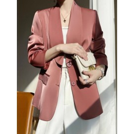 Plus Size - Women'S Luxury -Like Satin Loose-Fitting Suit Jacket - Thin Design Professional High-End Tailored Blazer, Solid Color Elegant Office & Formal Wear, Spring/Autumn Versatile Outerwear for Business, Weddings, Semi-Formal Events - Women'S Fa