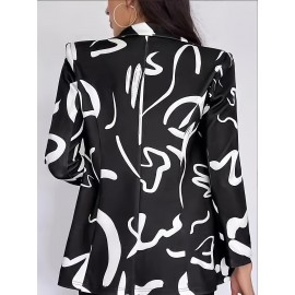 Plus Size, Women's Plus Size Abstract Line Art Blazer - & Notch Collar Jacket, H-Line Silhouette with Single-Breasted Button Closure, White & Black, for Office, Semi-Formal & Casual Attire - Elegant & Tailored (Machine Washable)