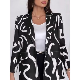 Plus Size, Women's Plus Size Abstract Line Art Blazer - & Notch Collar Jacket, H-Line Silhouette with Single-Breasted Button Closure, White & Black, for Office, Semi-Formal & Casual Attire - Elegant & Tailored (Machine Washable)