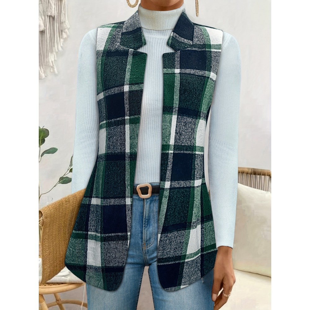 Plus Size - Plus Size, Women'S Plus Size Sleeveless Stand Collar Blazer - Elegant Plaid Print (Green/Black/White) H-Line Silhouette, Structured Lapel Collar & Open Front Closure, Long Length for Office Commute & Casual Outfits, Autumn Winter Outerwear, Versatile Tailored Fit, Workwear Essential, Highquality Stitching, Quality Tailoring