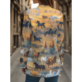 Plus Size, Women's Western Cowgirl Print Blazer Jacket - Horse & Cowboy All-Over Pattern (Horses/Tents/Hats) - Soft-Lining Polyester Suit Coat for Casual & Professional Wear, Cowboy-Themed Events, Wrinkle-Resistant H-Line Fit (No Belt), Printed Blazers For Women, Jackets For Women, Blazers For Women Elegant Classy, Halloween Plus Size, Casual Blazer For Women, Unusual Clothes For Women, Suits For Women, Halloween Coat, Boho Blazer For Women, Leopard Long Coat, Tops For Women