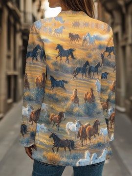 Plus Size, Women's Western Cowgirl Print Blazer Jacket - Horse & Cowboy All-Over Pattern (Horses/Tents/Hats) - Soft-Lining Polyester Suit Coat for Casual & Professional Wear, Cowboy-Themed Events, Wrinkle-Resistant H-Line Fit (No Belt), Printed Blazers For Women, Jackets For Women, Blazers For Women Elegant Classy, Halloween Plus Size, Casual Blazer For Women, Unusual Clothes For Women, Suits For Women, Halloween Coat, Boho Blazer For Women, Leopard Long Coat, Tops For Women