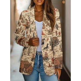 Plus Size, Women's fashion exquisite printed long-sleeved mandarin collar suit jacket, polyester suit fabric, soft lining, fake pockets, suitable for both casual and professional stylish and generous.
