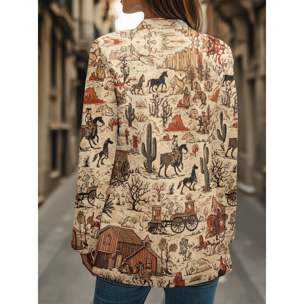 Plus Size, Women's fashion exquisite printed long-sleeved mandarin collar suit jacket, polyester suit fabric, soft lining, fake pockets, suitable for both casual and professional stylish and generous.