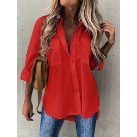 [Casual Button-Up Shirt] Relaxed Fit Women's Casual Long Sleeve Button-Up Shirt | Solid Color, 3/4 Sleeve Design with Chest Pocket, Versatile All-Season Top for Casual Attire