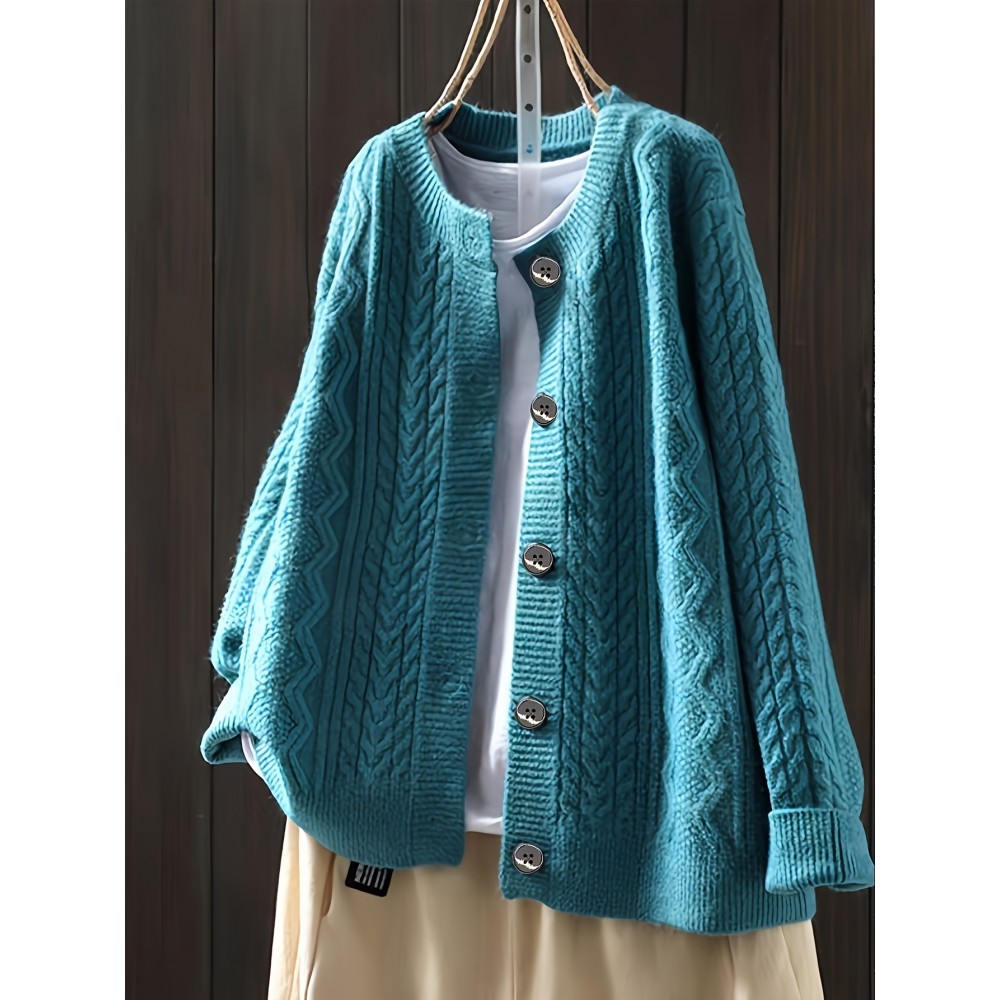 Women'S Vintage Cable Cardigan - Navy Button-Front Sweater with Ribbed Collar, Long Sleeve Casual Open Front Sweater for Spring/Fall, Office, Party