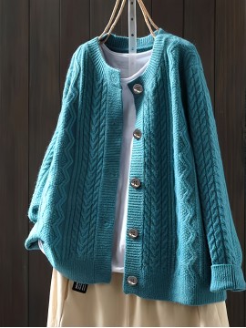 Women'S Vintage Cable Cardigan - Navy Button-Front Sweater with Ribbed Collar, Long Sleeve Casual Open Front Sweater for Spring/Fall, Office, Party