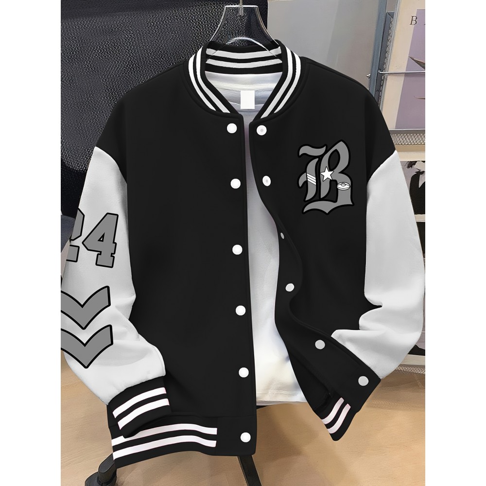 Women's Oversized Black & White Baseball Jacket with White Piping - Oversized Fit, Lettering & Number Design, Machine Washable Winter Warmth, Casual Sporty Outerwear with Baseball Collar & Full-Zip Closure, Black & White Color Block Jacket for Fall/Winter Layering (Casual to Formal Outfits) - Plus Size Available, Lettering & Number Patterns, Front Zipper Closure, Relaxed Fit for Women, Jacket For Women, Winter Coats For Women Plus Size, Plus Size Winter Coats For Women,
