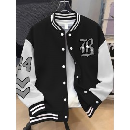 Women's Oversized Black & White Baseball Jacket with White Piping - Oversized Fit, Lettering & Number Design, Machine Washable Winter Warmth, Casual Sporty Outerwear with Baseball Collar & Full-Zip Closure, Black & White Color Block Jacket for Fall/Winter Layering (Casual to Formal Outfits) - Plus Size Available, Lettering & Number Patterns, Front Zipper Closure, Relaxed Fit for Women, Jacket For Women, Winter Coats For Women Plus Size, Plus Size Winter Coats For Women,