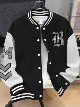 Women's Oversized Black & White Baseball Jacket with White Piping - Oversized Fit, Lettering & Number Design, Machine Washable Winter Warmth, Casual Sporty Outerwear with Baseball Collar & Full-Zip Closure, Black & White Color Block Jacket for Fall/Winter Layering (Casual to Formal Outfits) - Plus Size Available, Lettering & Number Patterns, Front Zipper Closure, Relaxed Fit for Women, Jacket For Women, Winter Coats For Women Plus Size, Plus Size Winter Coats For Women,