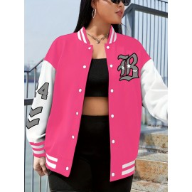 Women's Oversized Black & White Baseball Jacket with White Piping - Oversized Fit, Lettering & Number Design, Machine Washable Winter Warmth, Casual Sporty Outerwear with Baseball Collar & Full-Zip Closure, Black & White Color Block Jacket for Fall/Winter Layering (Casual to Formal Outfits) - Plus Size Available, Lettering & Number Patterns, Front Zipper Closure, Relaxed Fit for Women, Jacket For Women, Winter Coats For Women Plus Size, Plus Size Winter Coats For Women,