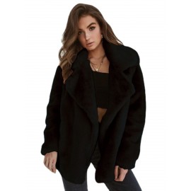 Women'S Plus-Size Elegant Plush Lapel Winter Jacket - Soft Brown/ - Open Front Coat with Classic Collar & Long Sleeves - All-Season Casual to Formal