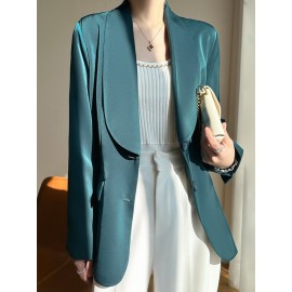 Plus Size - Women'S Luxury -Like Satin Loose-Fitting Suit Jacket - Thin Design Professional High-End Tailored Blazer, Solid Color Elegant Office & Formal Wear, Spring/Autumn Versatile Outerwear for Business, Weddings, Semi-Formal Events - Women'S Fa